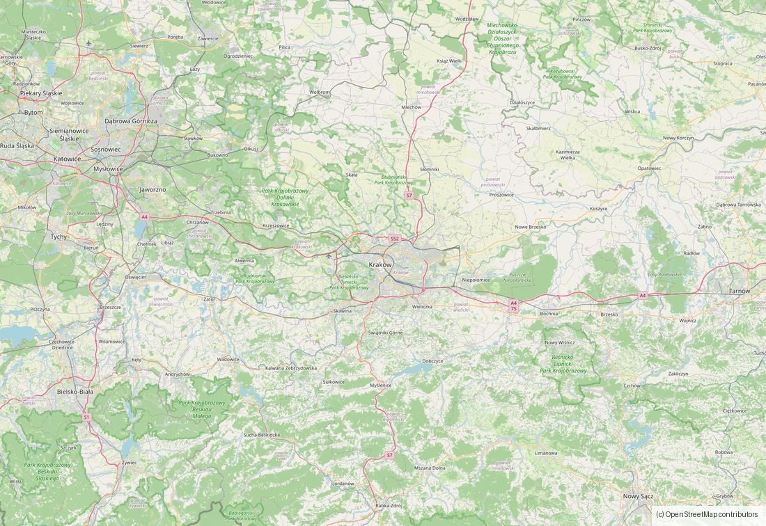Mapa okolic Krakowa, obszar realizacji ogrodów