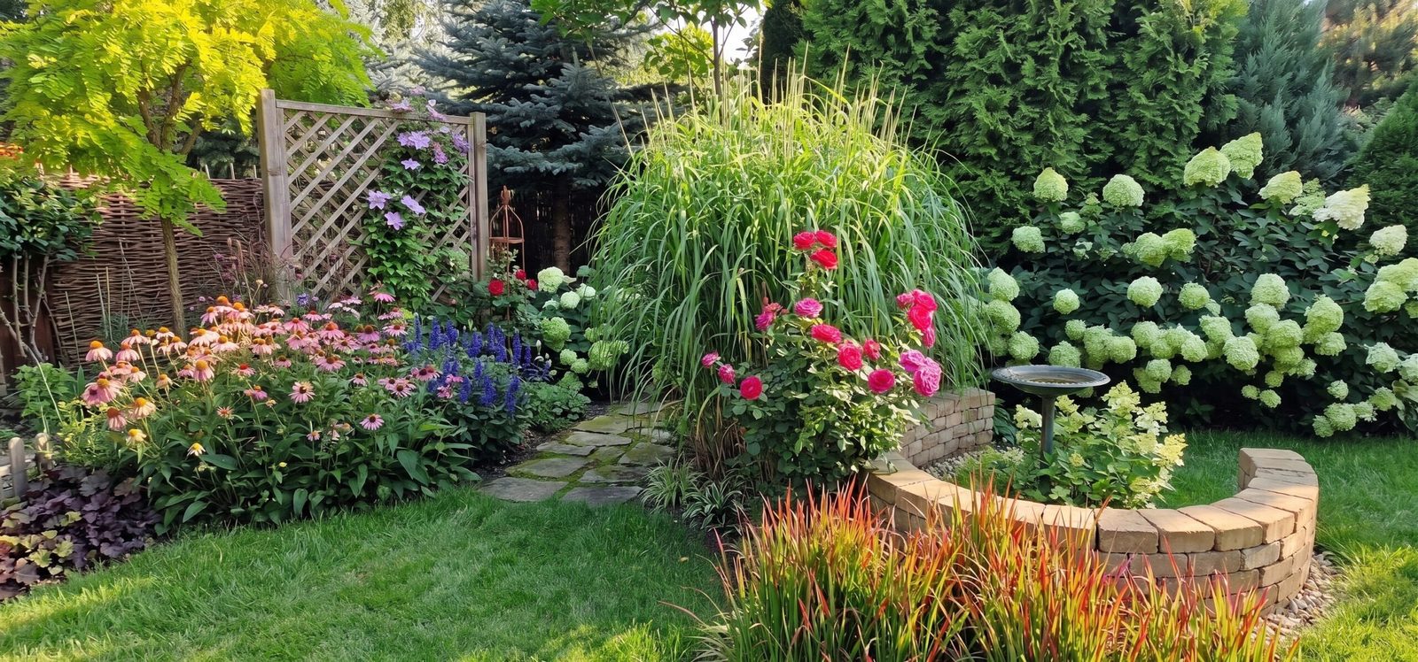Wielogatunkowy ogród z różami, trawami ozdobnymi, ostróżkami i hortensjami, realizacja Wow! Garden