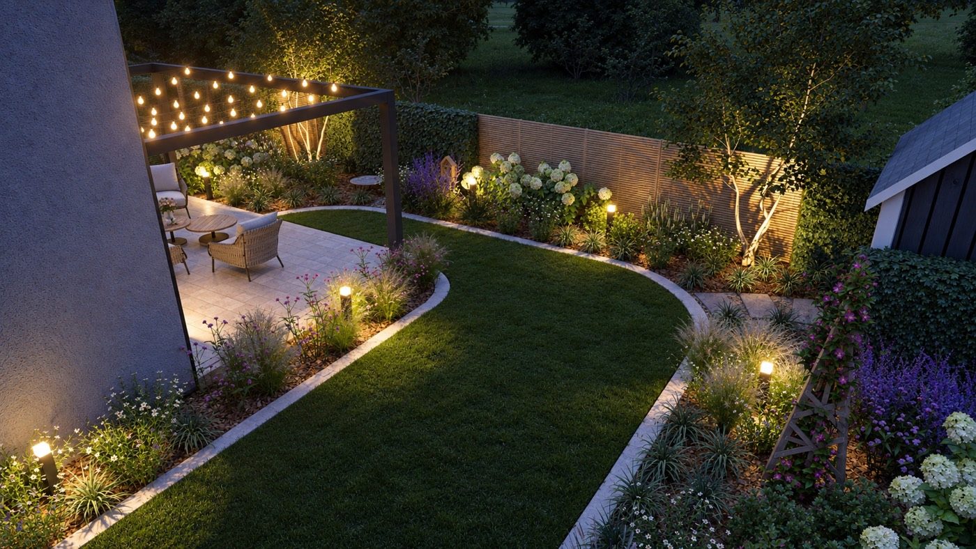 Wizualizacja 3D nowoczesnego ogrodu wieczorem, oświetlona ścieżka, pergola i bujne rabaty